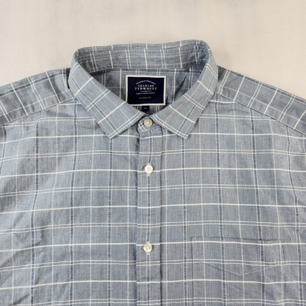 Charles Tyrwhitt Button Down Mens XL Blue Grid Cotton Linen Classic Fit Short Sl